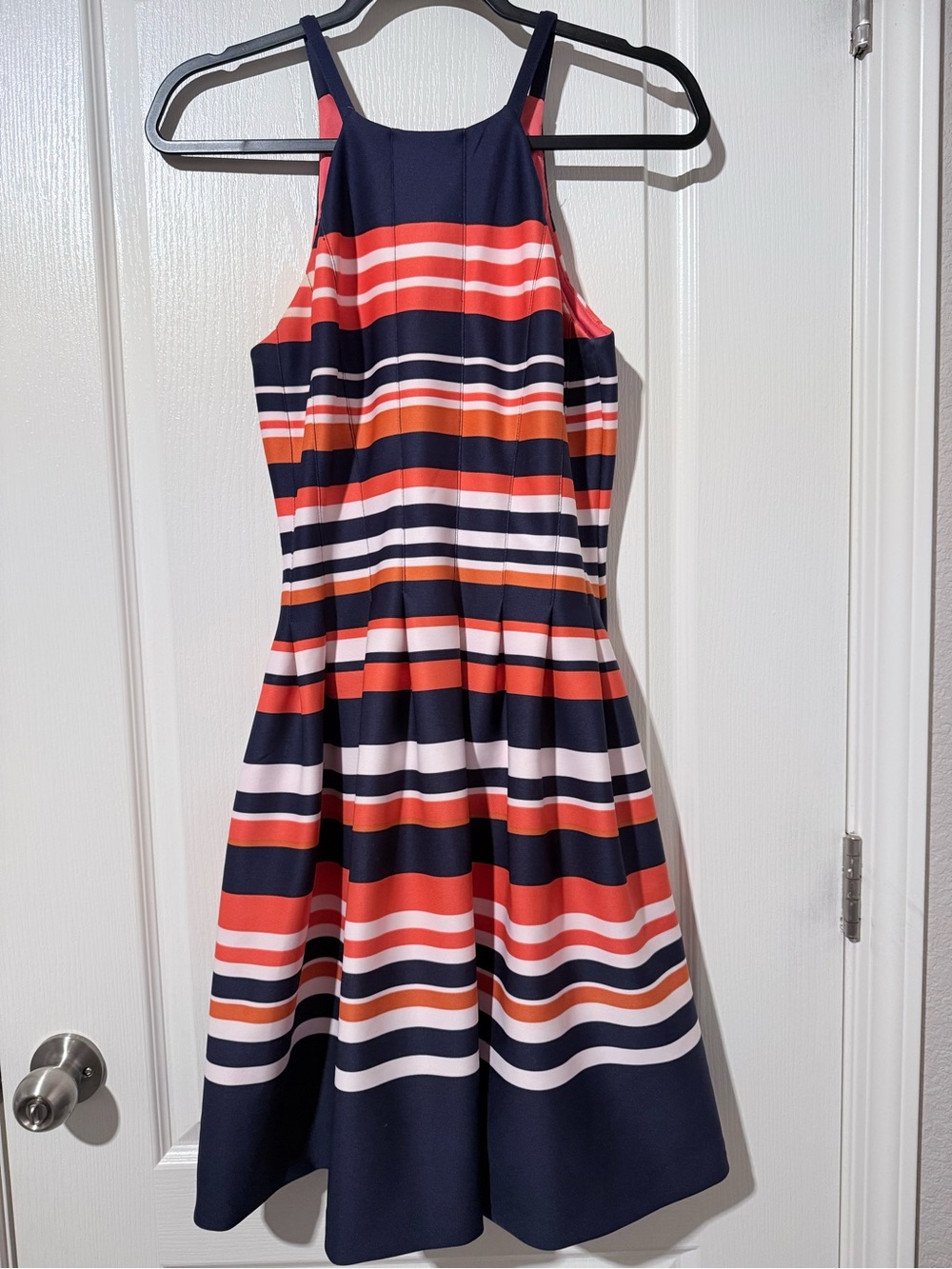 Vince Camuto Navy, Coral & White Striped Midi Dress